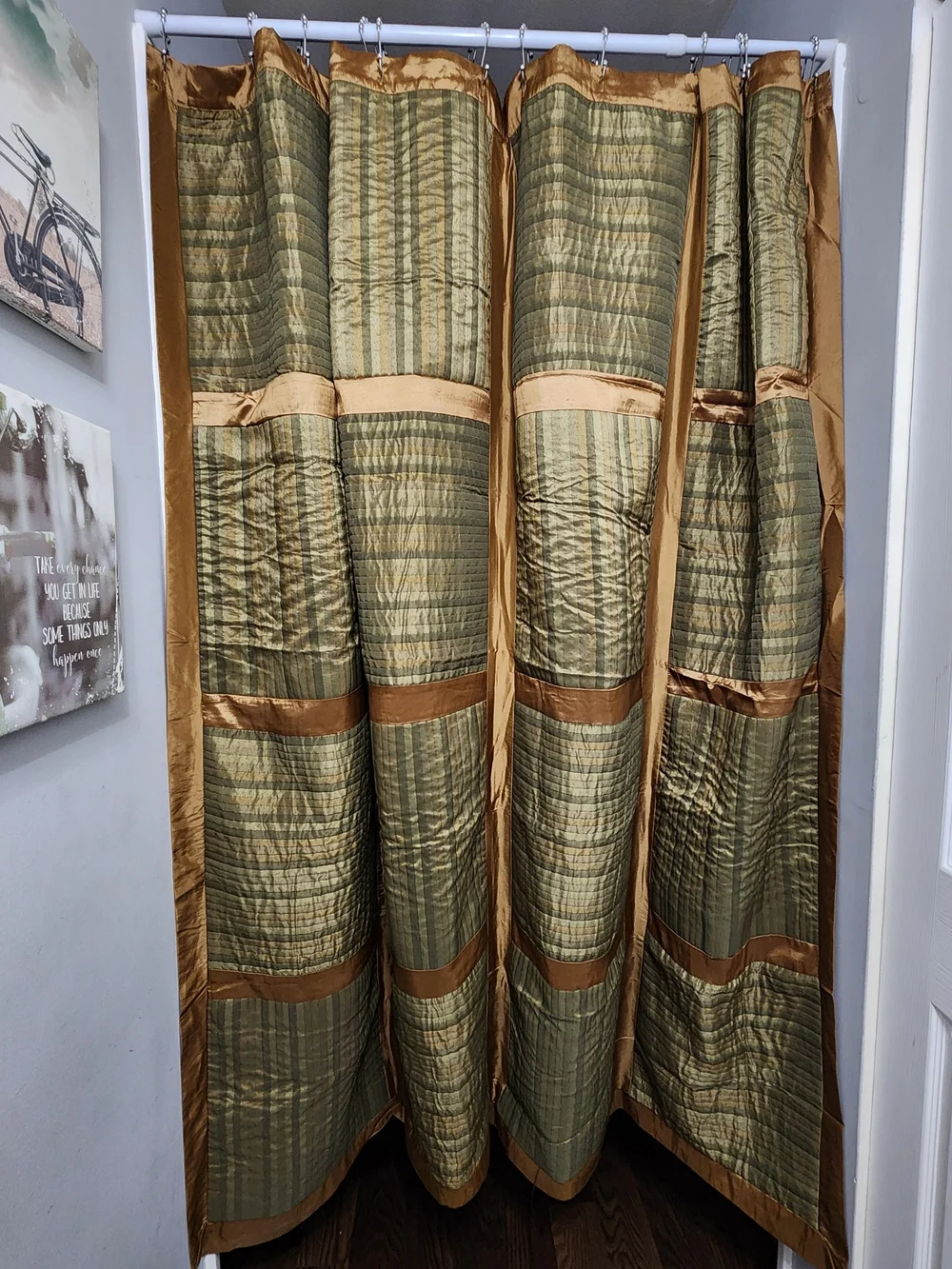 Luxurious Shower Curtain, Gold and Olive Green  Lined New